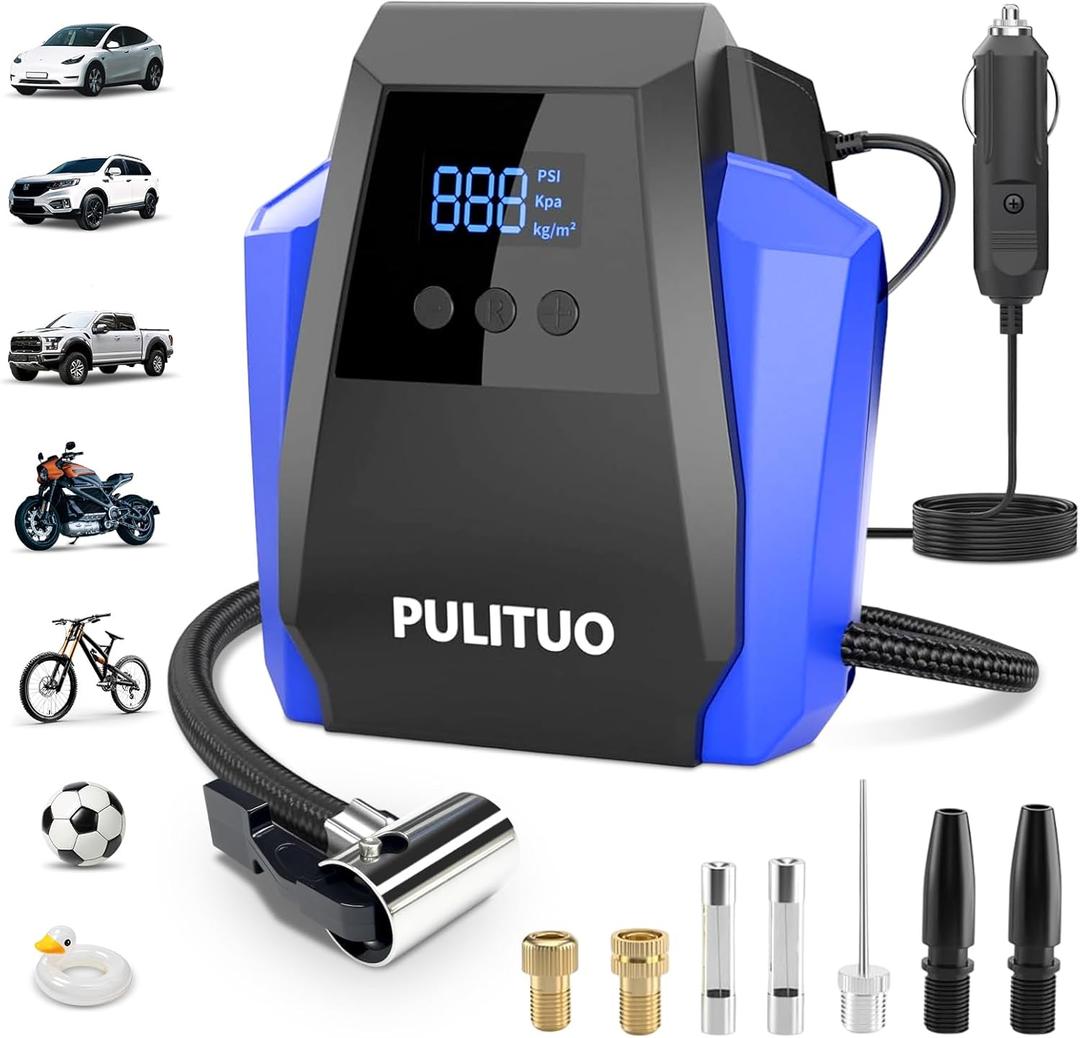 PULITUO Tire Inflator Portable Air Compressor - Car Accessories 12V DC Air Pump for Car Tires with Digital Pressure Gauge, Emergency LED Light for Wheel, Bike, Ball, Motor (Blue)