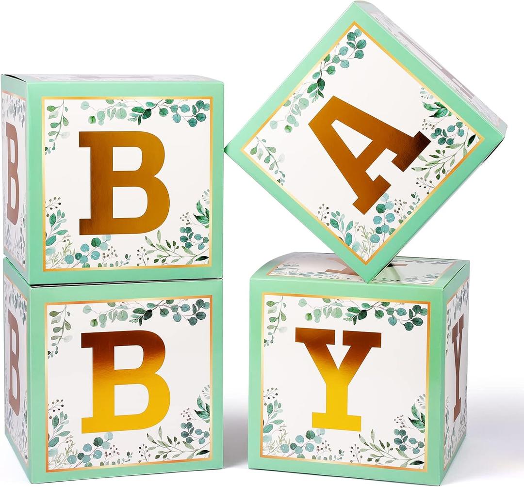 Voircoloria Sage Green Baby Boxes with Letters for Baby Shower, 4pcs Safari Baby Shower Decorations for Boys and Girl Balloon Boxes Gender Reveal Party Favors