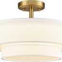 DAYCENT Modern Gold Semi Flush Mount Ceiling Light with Drum Shade 3000K/4500K/5500K LED Flush Mount Drum Lamp Brass Ceiling Light Fixtures for Hallway Bedroom Kitchen Living Room, 30W