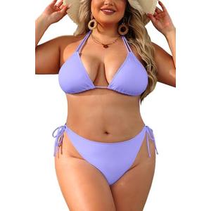 Daci Women Plus Size Triangle Bikini Sets Two Piece Double Straps Halter Swimsuit Side Tie String Sexy Bathing Suits Lavender XL
