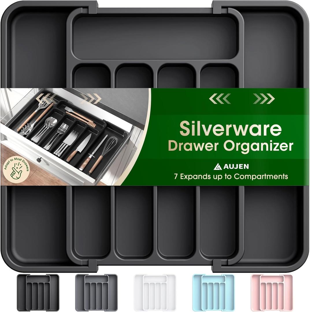 3 x Aujen Silverware Organizer - Expandable Kitchen Drawer Organizer, Adjustable Utensil Organizer, Cutlery Tray for Forks, Knives, Multipurpose Kitchen Organizers and Storage Solution, Black, Medium