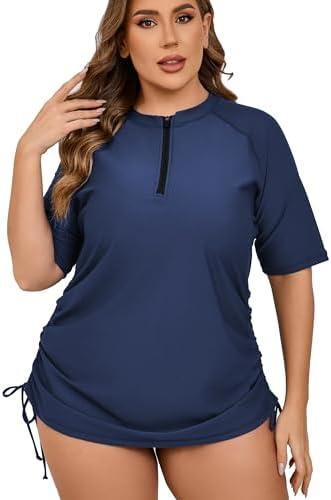 Halcurt Women's Plus Size Half Zip Short Sleeve Rash Guard Swim Top Drawstring Swim Shirt UPF50+ Swimsuit 4X