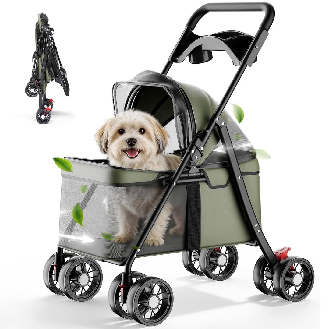GTPLAYER Foldable Pet Stroller for Small Dogs and Cats, Holds Up to 33 lb, 4-Wheel Stroller with 2 Safety Tethers, Breathable Mesh, Lockable Front Wheels, Cup Holder/Tray & Storage Pocket, Green