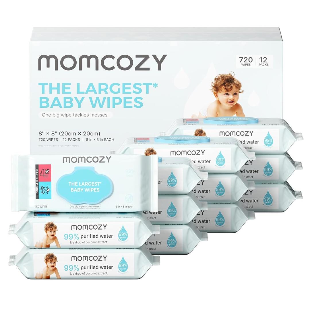 Momcozy Baby Wipes Plus Wipes –Size, Thickness, Moisture, Softness & Scenario Plus, 99% Water-Based Wet Wipes, Unscented & Hypoallergenic, Gentle for Sensitive Skin, 720 Count (12 Packs), Expiry: 05/01/2028