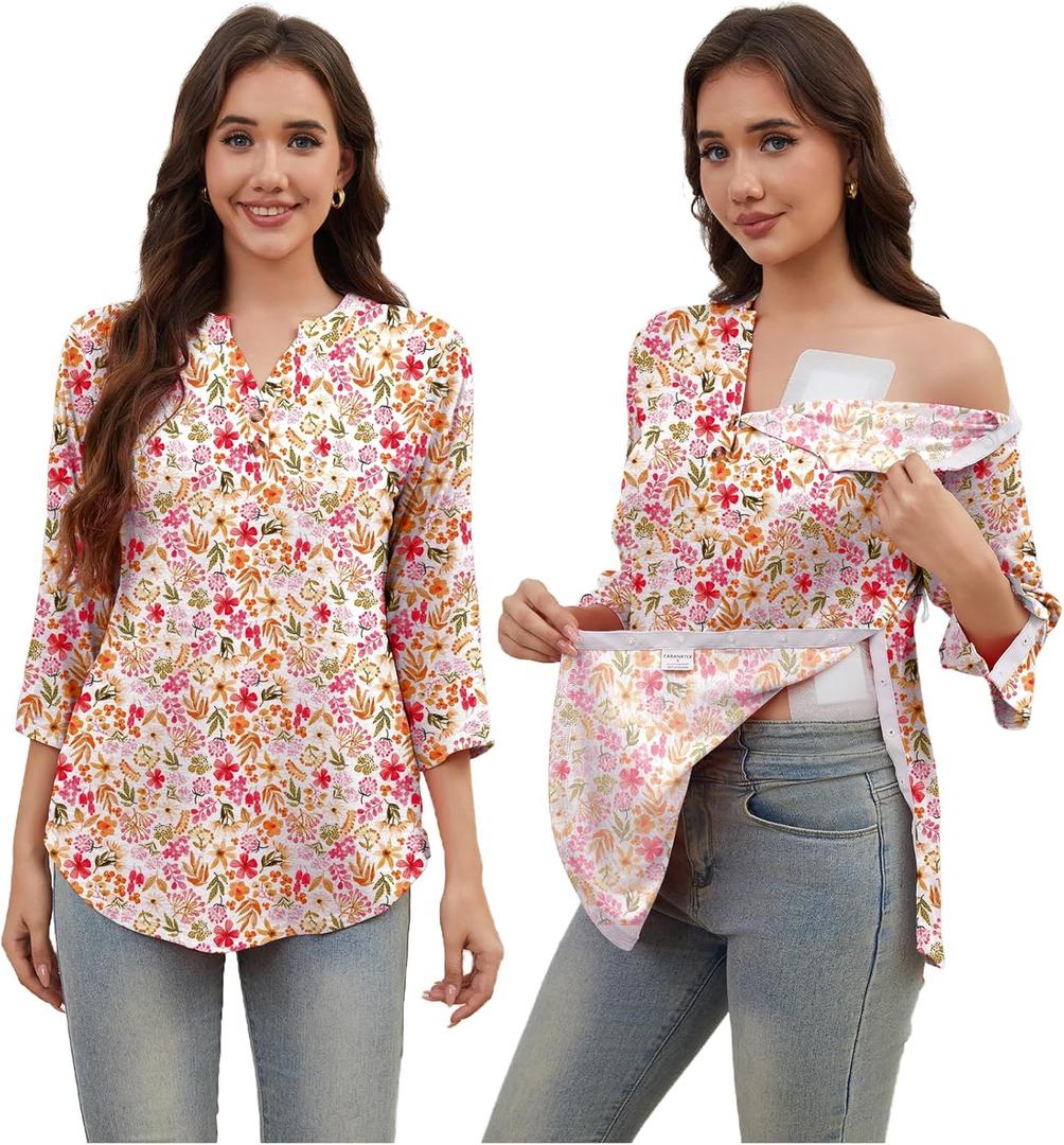 Post Shoulder Surgery Shirt for Women Tear Away 3/4 Sleeve Tops After Rotator Cuff Shirt V Neck Chemo Port Adaptive Clothing (S)