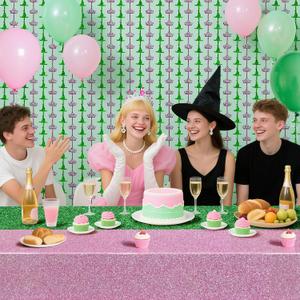 Ycitusi Witch Theme Party Decorations, Witch Hat Crown Rain Curtain, Pink and Green Waterproof Tablecloth for Wicked Party Decorations, Pink Green Birthday Party Supplies, 3PCS