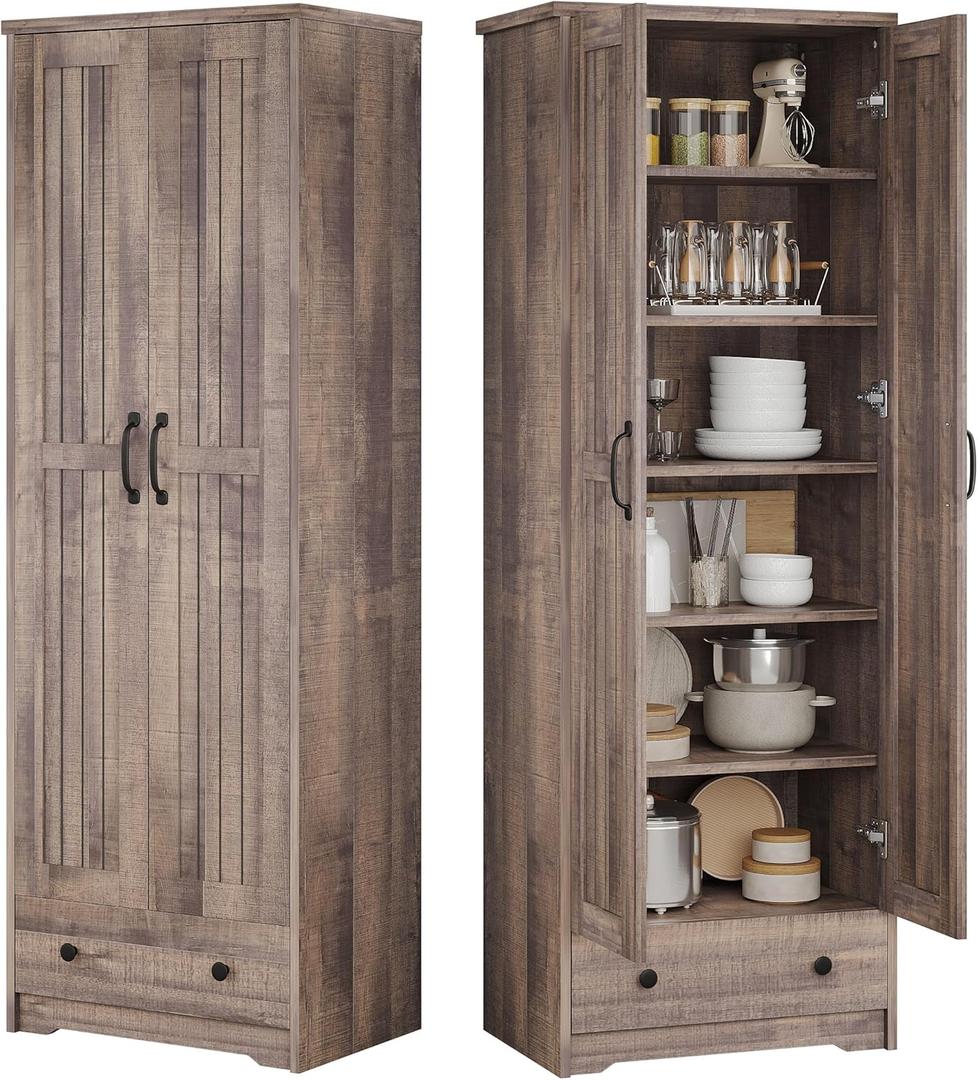 Decofy 70" Tall Storage Cabinets, Large Wood Storage Pantry Cabinet with 6 Adjustable Shelves, 2 Striped Doors & Drawer, Standing Utility Cabinet for Kitchen, Bathroom, Dining Room, Antique (Brown)