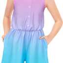 Girls Sleeveless Romper Jumpsuits Summer Crew Neck Short Romper with Pockets One Piece Clothes for Girl 7-12 Years (9-10 Years, Pink-blue)