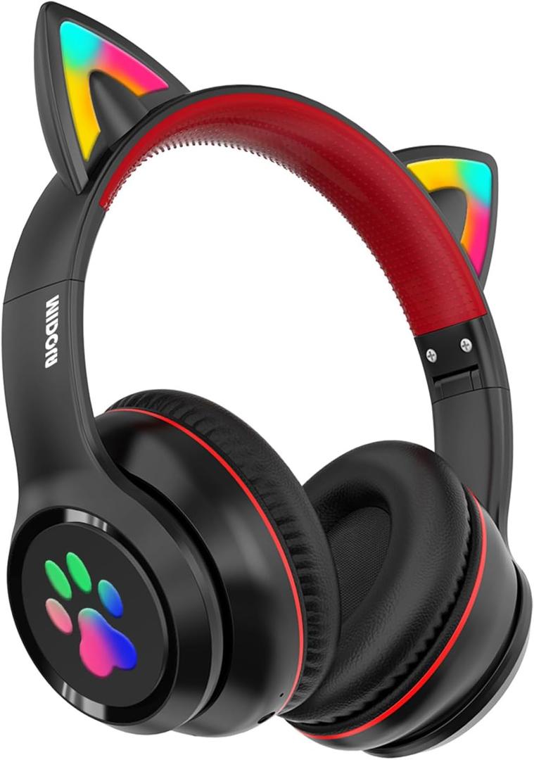 MIDOLA Kids Headphones Cat Ear Wireless Bluetooth 5.3 60H Over Ear, 8H with Led Light Foldable Headset with Aux 3.5mm Mic for Travel Pad Tablet Black