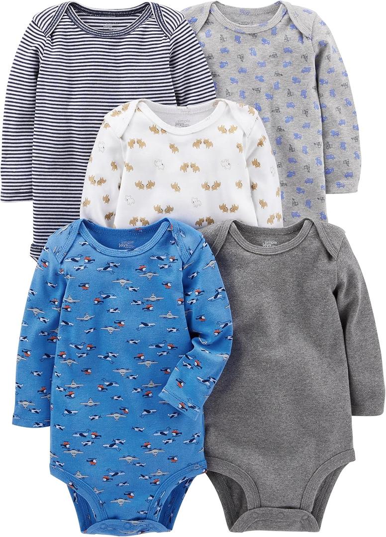Simple Joys by Carter's Baby Boys' Long-Sleeve Bodysuit, Pack of 5, Blue/ Grey/ White, 0-3 Months