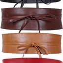 WERFORU 4 Pack Women Obi Belt PU Leather Self Tie Wrap Wide Waistband Boho Belt for Costumes (C-black+brown+coffee+red)