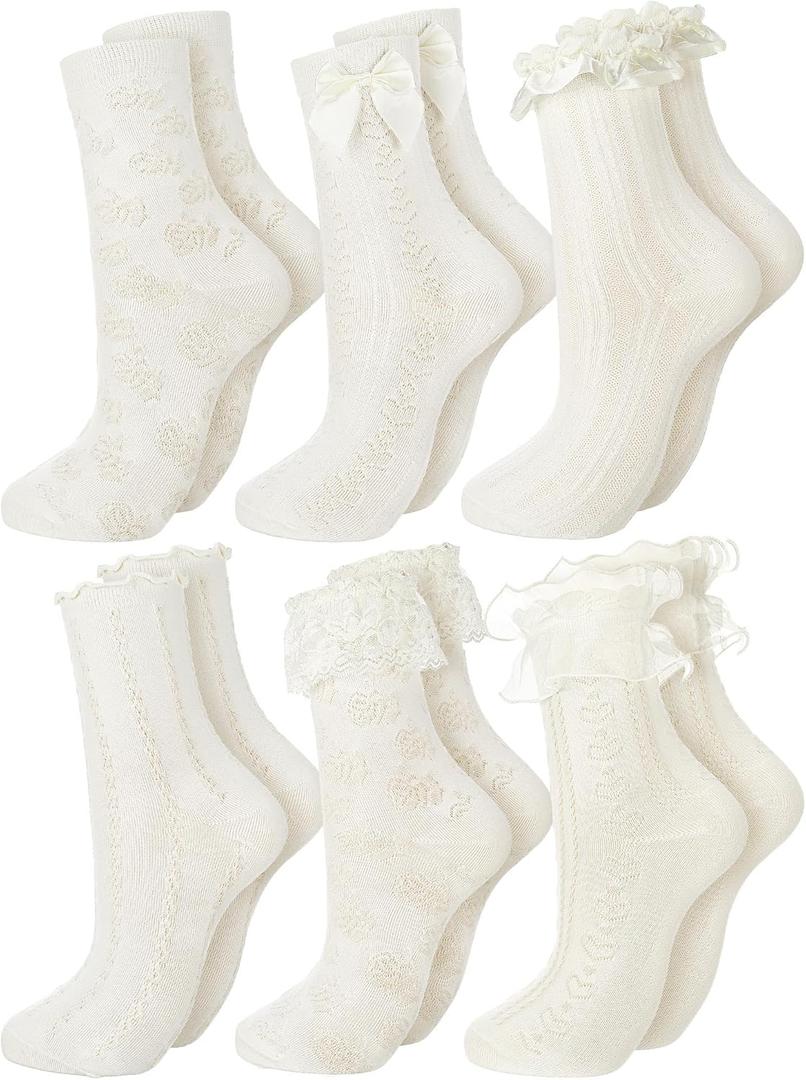Fourluoo 6 Pairs Ruffle Socks Women Frilly Lace Ankle Socks Cream Lolita Princess Bow Breathable