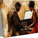 QIXIANG Black Jazz Music Wall Art African American Canvas Prints Black Couple Playing the Piano Pictures Musical Instruments Painting Decor Frame(Brown,16L x 24W)
