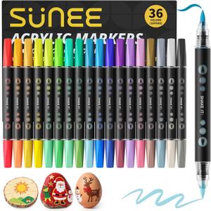 SUNEE 36 Colors Acrylic Paint Markers, 18 Pack Brush Tip Paint Pens with Automatic Ink Control System, Art Supplies for Adults & Teens, for Rock, Wood, Canvas, Glass Creative Projects