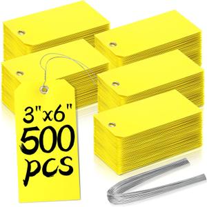500 Pieces Plastic Shipping Tags with Wire Waterproof Hang Tags Heavy Duty Labeling Tags with String Wires Tags Labels Labeling Tags Stacking Tags for Equipment Car Parts (Yellow, 3x6)