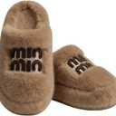 Cozy Faux Fur Slippers with Stylish Letter Embroidery Non-Slip Rubber Sole Soft Indoor Shoes for Home Brown (5-5.5 Women/4.5-5 Men)