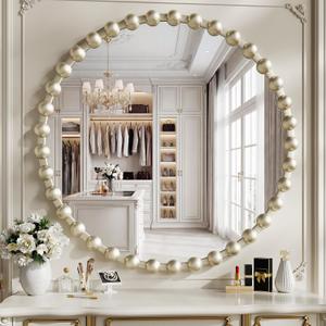 Round Vanity Wall Mirror, 36 Inch Beaded Frame Circle Mirror for Bathroom, Bedroom Dresser, Entryway, Living Room, Decorative Hanging Wall Mirror, Silver