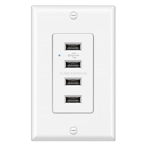 BESTTEN USB Receptacle Outlet, 4.2A/21W High-Speed 4 Port USB Wall Charging Outlet 125VAC Input, Quad Type-A Ports with LED Indicator, Decorator Wallplate Included, UL Listed, White