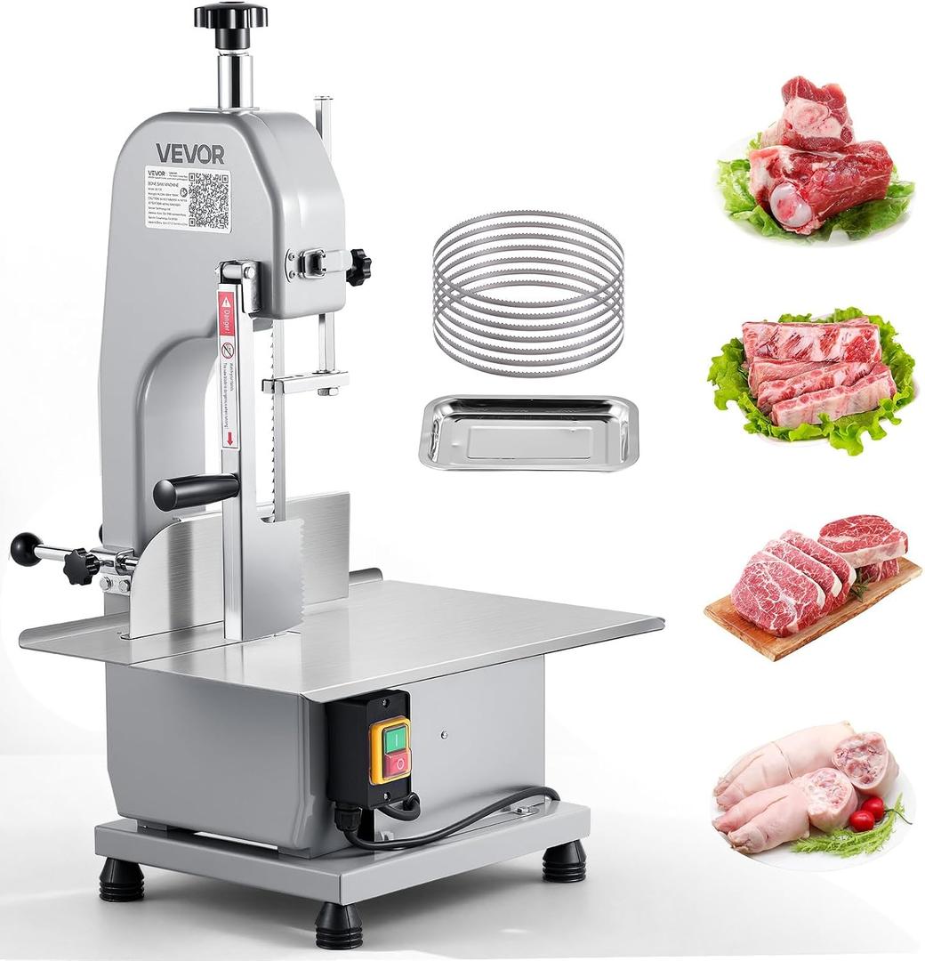 VEVOR Commercial Electric Meat Bandsaw, 1500W Bone Sawing Machine with 12.4" x 18.1" Workbench, 0-4.3" Cutting Thickness, 7 Extra Replacement Blades, for Cutting Bone, Frozen Meat, Pork, Beef & Ribs