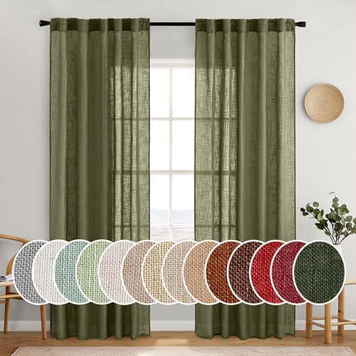 MIULEE Light Olive Green Linen Curtains 84 Inch Length 2 Panels for Bedroom Living Room, Soft Linen Textured Natural Window Drapes Semi Sheer Light Filtering Back Tab Rod Pocket Burlap Look Decor, 52 x 84
