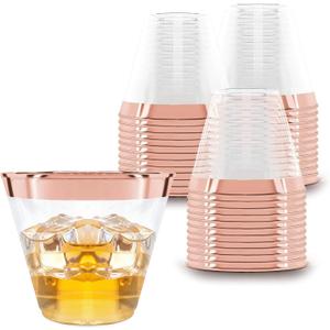 Prestee 100 Rose Gold Plastic Cups - Rose Gold Plastic Cups 9 oz - Party Decorations - Disposable Wine Cup - Clear Cup - Bulk Party Wine Glasses