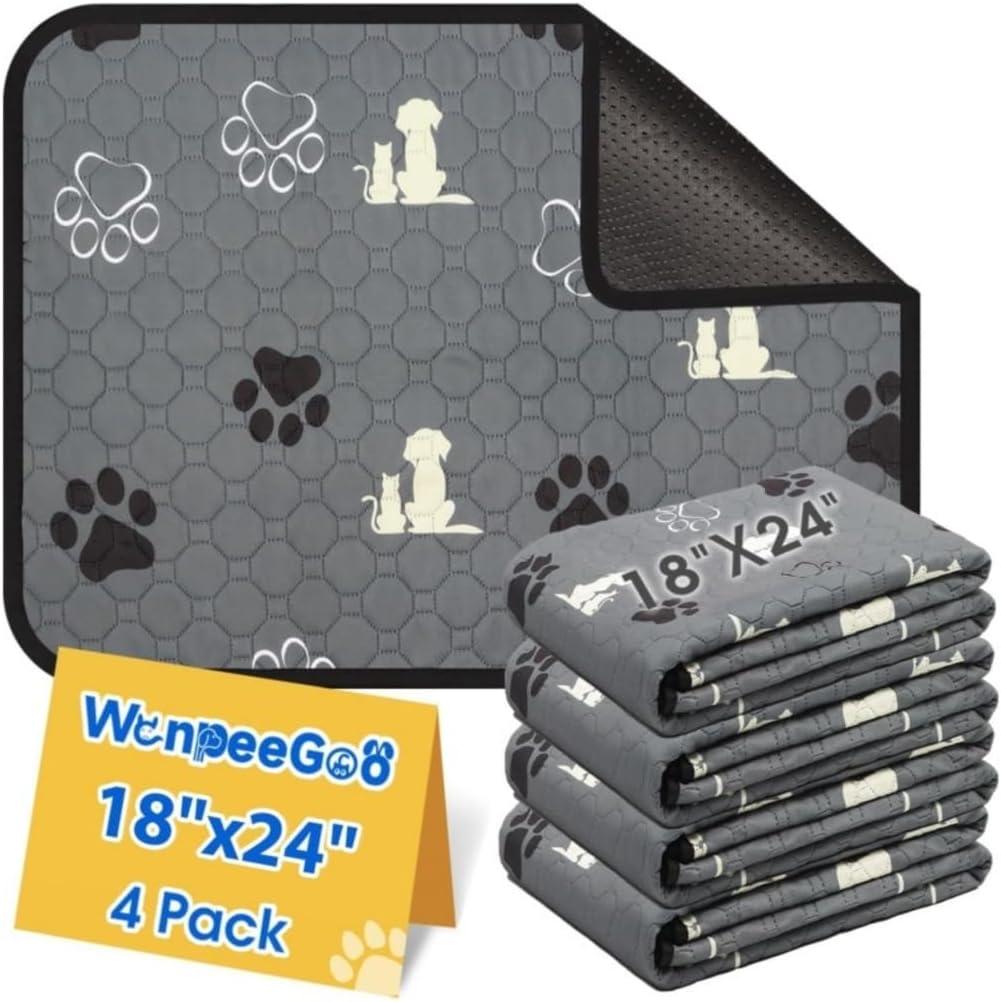 4 Pack Pet Urine Pads 24"x18" - Waterproof & Anti-Slip Dog Pee Pads - Reusable, Machine Washable Puppy Training Pads - Absorbent Bedding/Sleeping Mat (Grey)