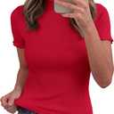 PRETTYGARDEN Short Sleeve T Shirts for Women Summer Clothes 2026 Casual Spring Tops Ruffle Mock Neck Ribbed Fitted Basic Tees (Red, Large)