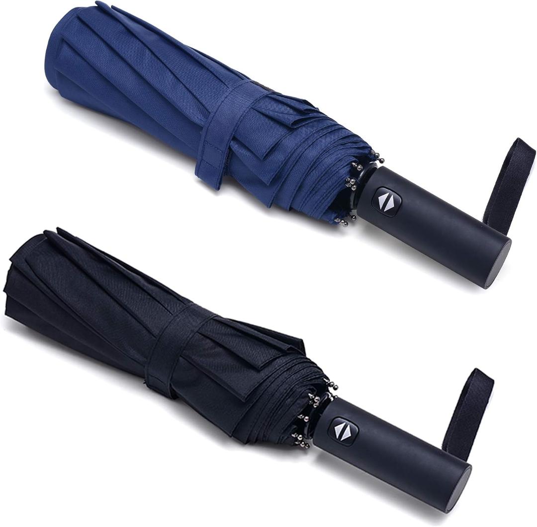 PFFY 2 Packs Travel Umbrella Windproof Auto Open & Close Collapsible Folding Small Compact Backpack Car travel Essentials Purse Umbrellas for Rain (Black + Blue)