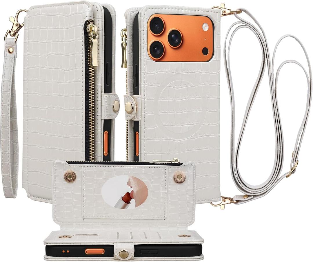 Stylivolve Crossbody Wallet Case for iPhone 17 Pro Max with Mirror, Wrist Strap, Zipper Purse Magnetic Flip, RFID Blocking Card Holder, Wireless Charging, PU Leather Shockproof 6.9" Women (White)