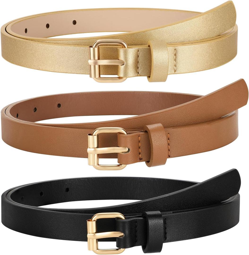 TRIWORKS 3 Pack Women Skinny Leather Belt for Jeans Pants Dress Ladies Thin Waist Belt with Gold Buckle (Beige)
