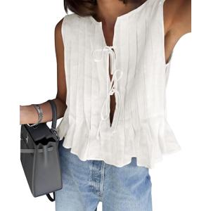 Cicy Bell Womens Bow Front Tie Tank Tops Pleated Babydoll Top Sleeveless Cute Coquette Shirt Summer Outfits (Large, White)