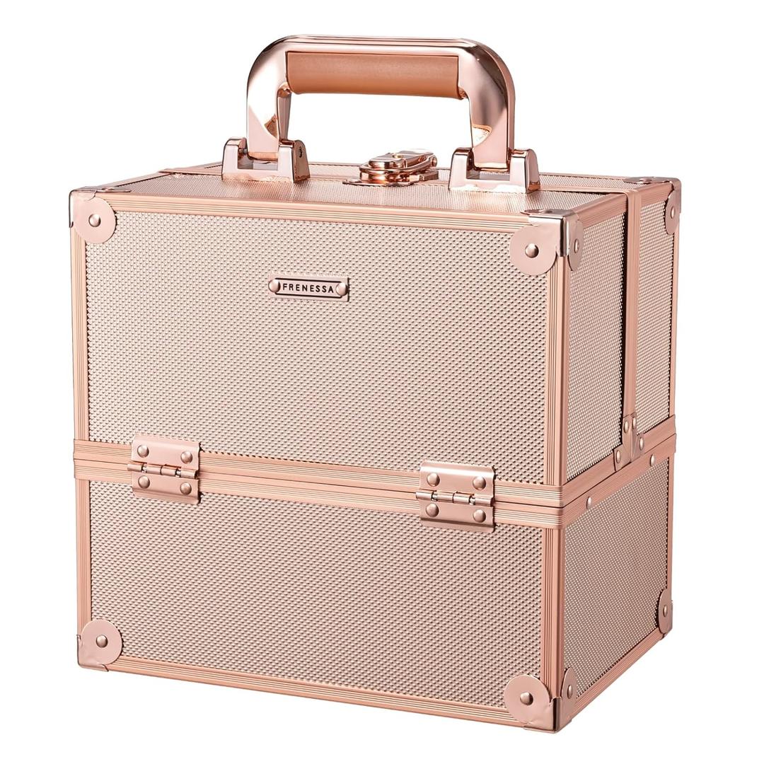 FRENESSA Makeup Train Case Makeup Case Travel Cosmetic Box Organizer Portable Make Up Box with Dividers Lockable for Artist Nail Sewing Vanity Storage Makeup Travel Case Rose Gold