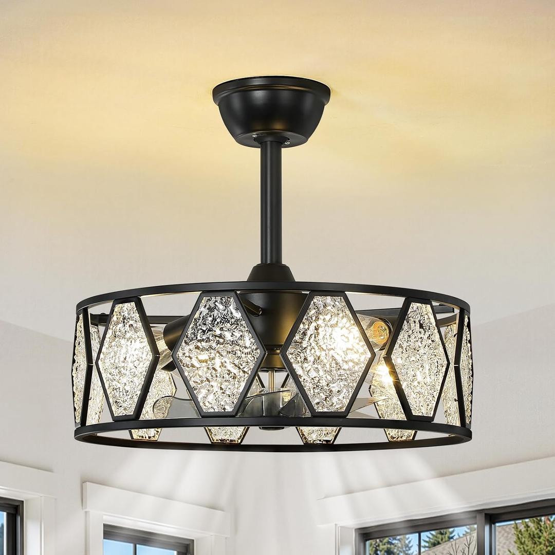 Crystal Caged Ceiling Fans Lights: 18.9'' Farmhouse Fandelier Ceiling Fan with Remote 6 Speeds Black Semi Flush Mount Industrial Chandelier Modern Low Profile Ventilador de Techo for Bedroom Kitchen