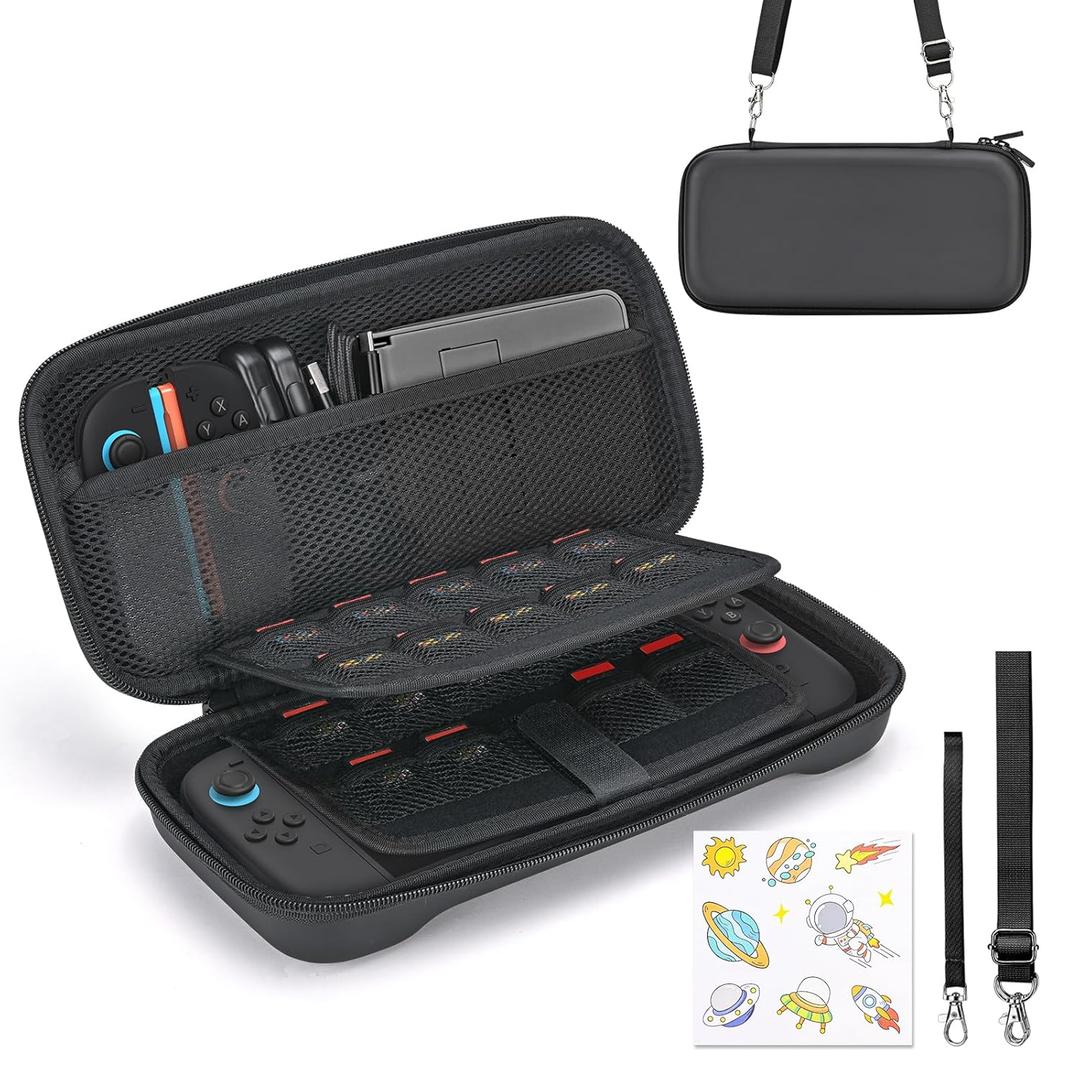 Younik Switch 2 Case Compatible with NS Switch 2 (2025), Carrying Case with 19 Game Card Slots, 4 in 1 Switch 2 Accessories Includes Shoulder Strap, Wrist Strap & Stickers (Black)