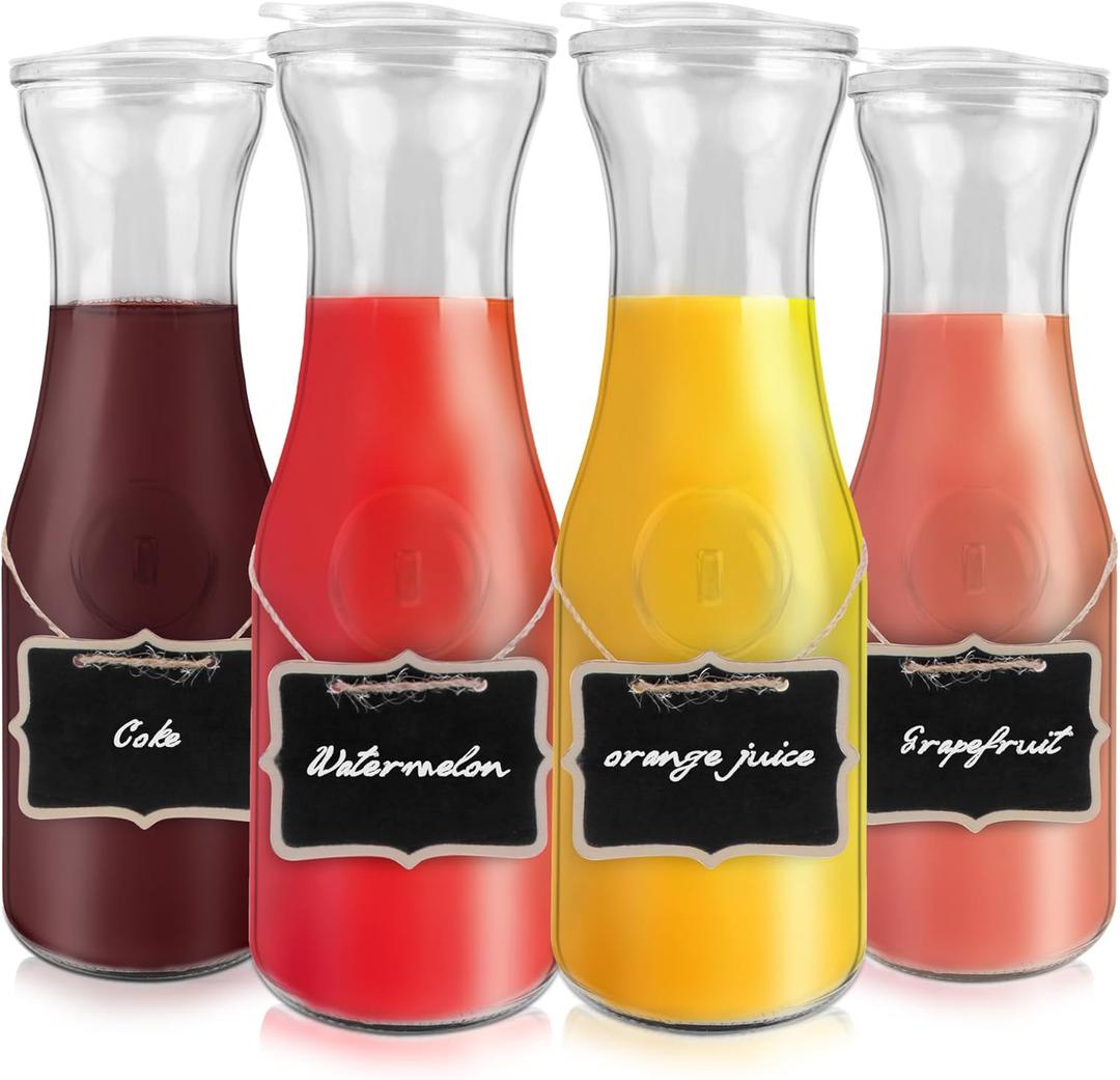Glass Carafe with Acrylic Lid,35 Oz Beverage Dispensers Carafe,Mimosa Bar Supplies,Clear Glass Pitcher with Name Labels for Iced Tea,Coffee,Juice(Set of 4) Glass Carafe with Acrylic Lid,35 Oz Beverage Dispensers Carafe,Mimosa Bar Supplies,Clear Glass Pitcher with Name Labels for Iced Tea,Coffee,Juice(Set of 4)