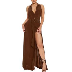 Split Maxi Dress for Women Sleeveless Button Down Collar V Neck Party Cocktail Bodycon Long Dress with Belted Brown Medium