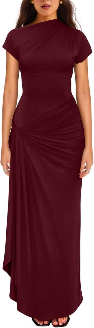 YMDUCH Women's Casual Short Sleeve Boat Neck Ruched High Split Bodycon Long Formal Dress WineRed, Small