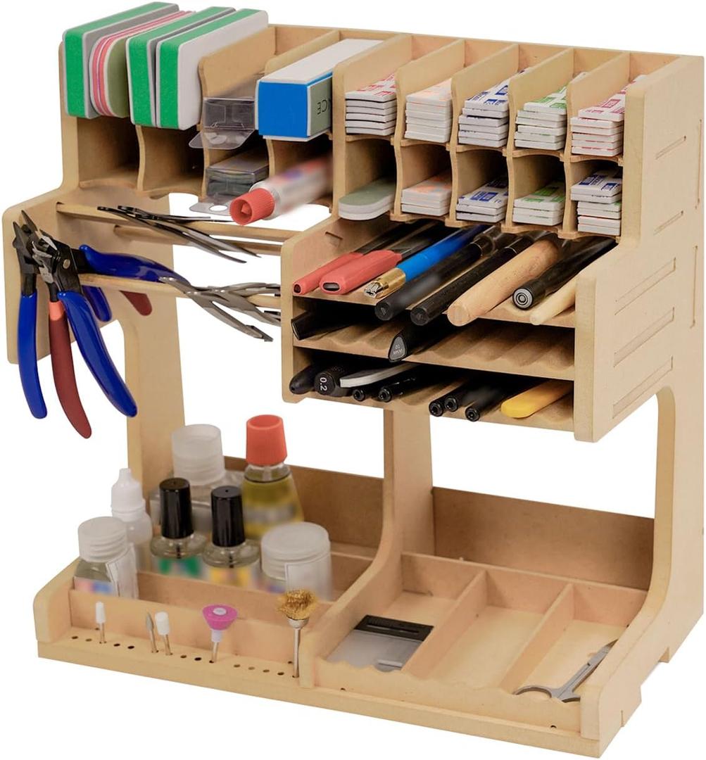 Wooden Model Kit Organizer Rack with MDF Material, Paint Rack, Screwdriver/Brush Holder, For Tamiya Paints and Tools, GK1