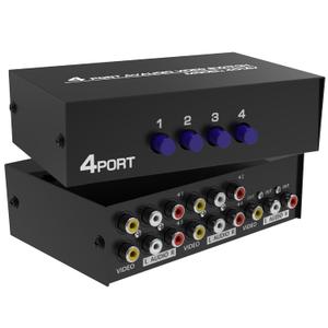 Fosmon 4-Way RCA Splitter & AV Switcher, 4 in (Female) 1 Out (Female) Audio Video Stereo Selector Switch Box with RCA Composite AV Patch Cable 2.6FT (1 Set) for HDTV, STB, Game Consoles