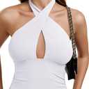 REORIA Women's Sexy Mini Dress Halter Sleeveless Backless Bodycon Criss Cross Ruched Short Dresses Party Night Club Outfits (White, L)