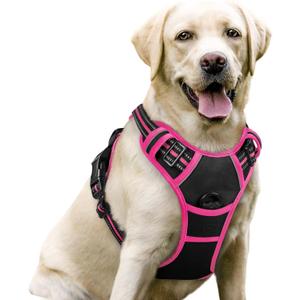 rabbitgoo Dog Harness No Pull with 2 Leash Clips, Adjustable Soft Padded, Reflective Oxford No Choke Pet Vest with Easy Control Handle for Large Dogs, Black & Hot Pink, L