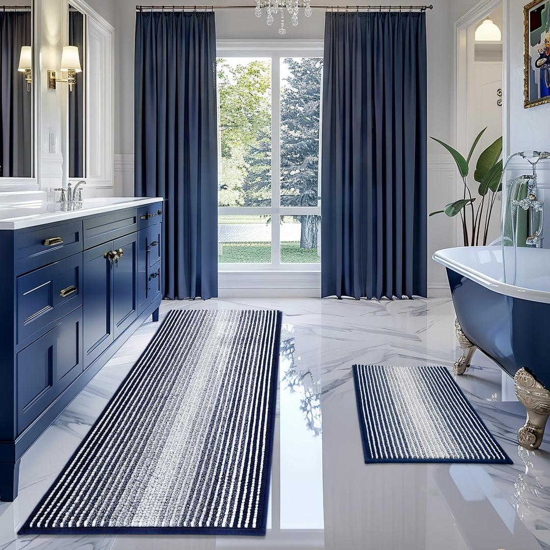BSICPRO Bathroom Rugs and Mats Sets, 2 Piece Thick Absorbent Chenille Bath Mat Rug Set Non Slip, Soft Shaggy Bath Room Floor Mats for Bathroom, Machine Washable (Navy, 24" x 70" Plus 20" x 32")