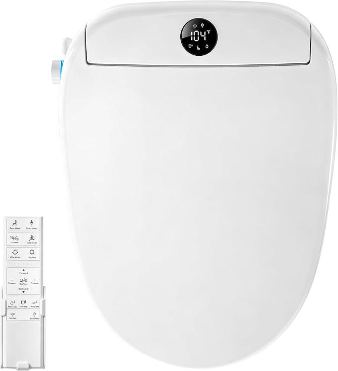 Bidet Toilet Seat Elongated, Electric Bidet Seat for Bathroom 225 with Instant Warm Water, Warm Air Dryer, Self-Cleaning Nozzle, Soft Close Lid, Night Light,  Oblong