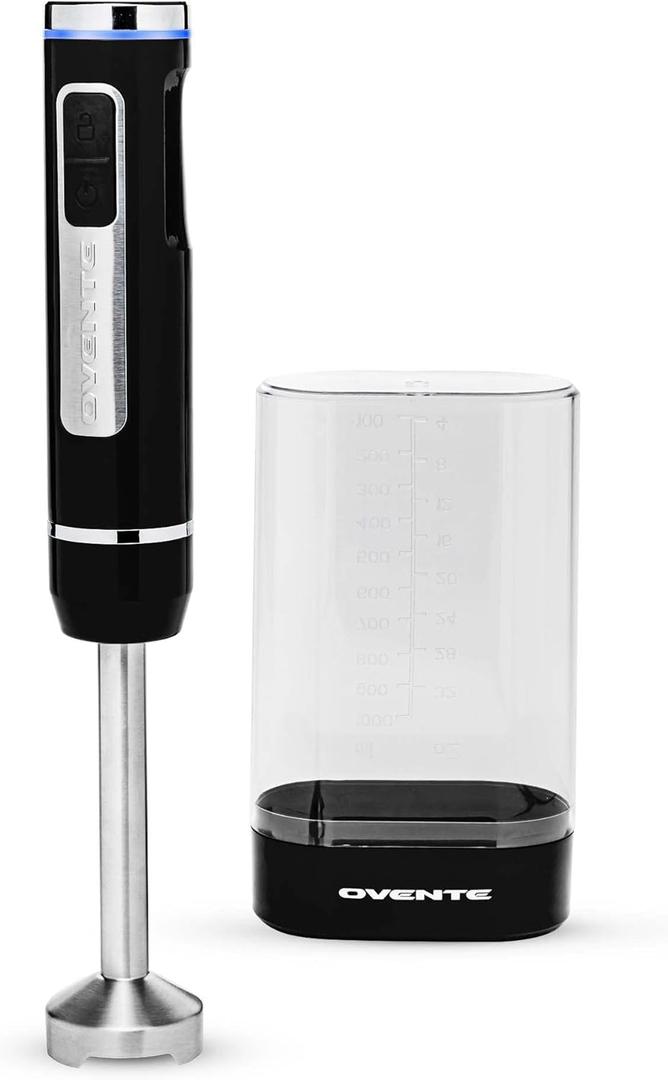 OVENTE Cordless Immersion Hand Blender, Rechargeable Handheld Portable Stick Mixer with 8 Mixing Speed Option, One-Touch Control and Stainless Steel Blades for Smoothies, Shakes or Soups, Black HR781B (Black - 200 Watts)