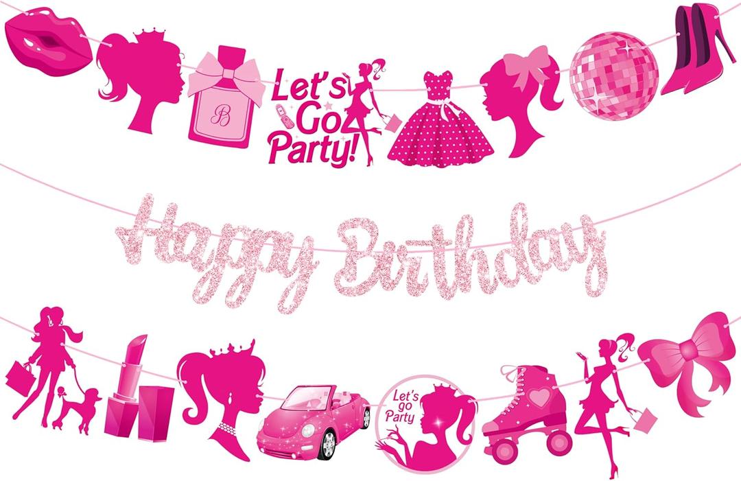 3Pcs Hot Pink Girl Happy Birthday Banners Glitter Hot Pink Princess Birthday Party Decorations for Girls Doll Theme Baby Shower Ladies Bachelorette Party Supplies
