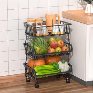 Gsiekare Fruit Vegetable Basket for Kitchen, 4 Tier Stackable Fruit Vegetable Storage Baskets with Wheels, Metal Wire Storage Basket Organizer Baskets for Kitchen, Pantry, Bathroom