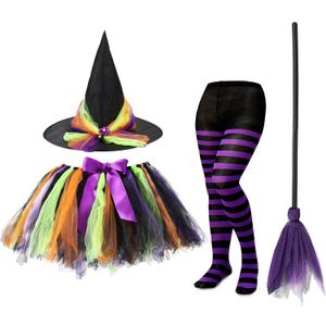 SATINIOR Halloween Witch Costume Set for Girls - Tutu Skirt, Striped Tights, Hat, and Plastic Broom for Cosplay Party Favors Supplies