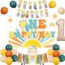Cheereveal Boho Sun 1st Birthday Decorations Blue and Orange, One Happy Boy Backdrop Banner, Sunshine Photo Banner Cake Topper, Sun Rainbow Themed First Birthday Baby Shower Party Supplies for Boy