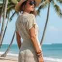Women Crochet Swim Cover Up Dress V Neck Short Sleeve Waist Cinched Bathing Suit Beach Vacation Cover Ups, XX-Large, Apricot