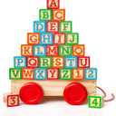 Oaktown Supply Building Blocks for Toddlers 1-3 Years Old, 30 Large Stackable Wooden Baby Blocks with Alphabet and Number Icons on Every Side, Toy Wagon Included